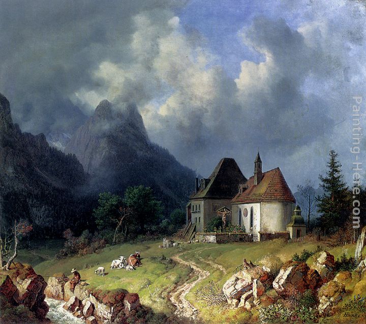 Das Kirchlein von Hinterriss, Im Hintergrund das Wettersteingebirge painting - Heinrich Burkel Das Kirchlein von Hinterriss, Im Hintergrund das Wettersteingebirge art painting